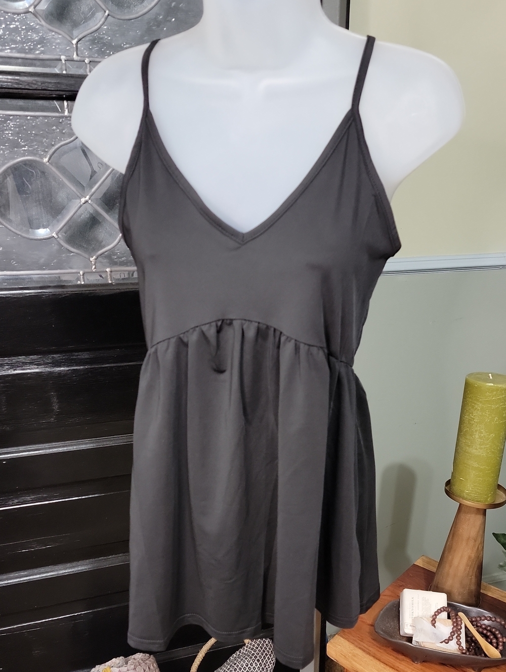 Miss Sparkling Black Babydoll Tank Top V Neck Spaghetti Strap Size L